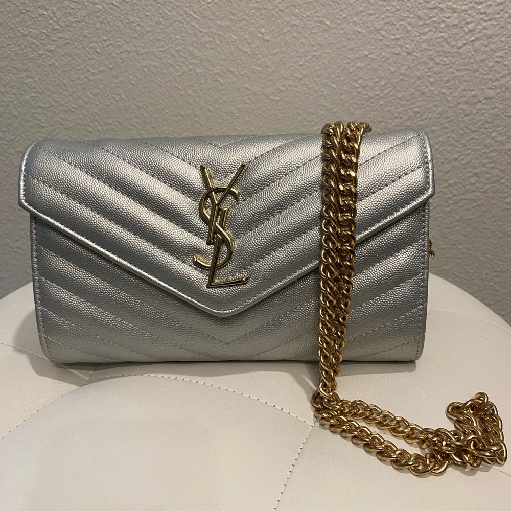 RePoshed - YSL Metallic Silver Clutch with Gold Chain